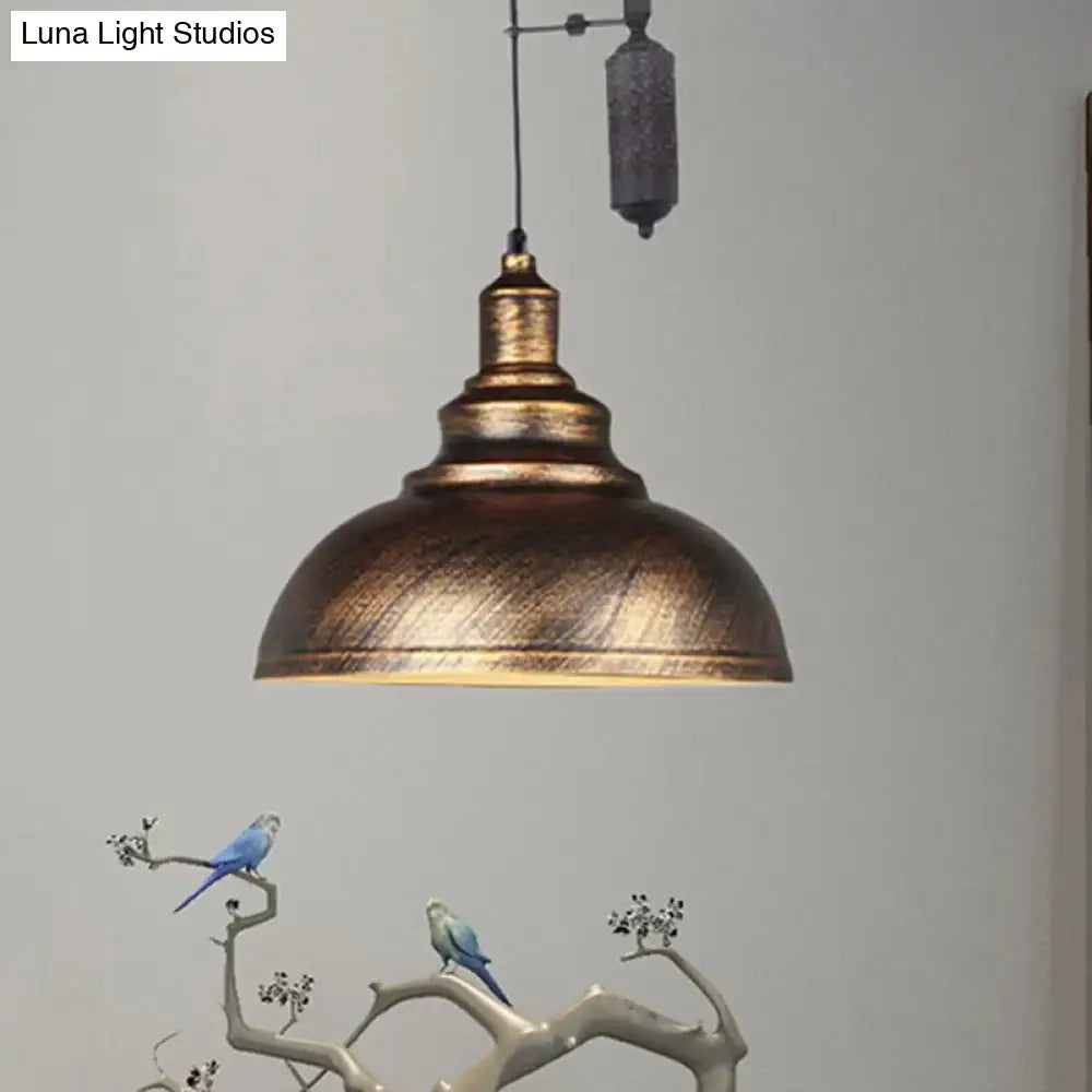 DecorBites™ Rustic Industrial Dome Pendant Lamp with Pulley - 1 Light Metal Fixture in Brown/Grey for Living Room Lighting