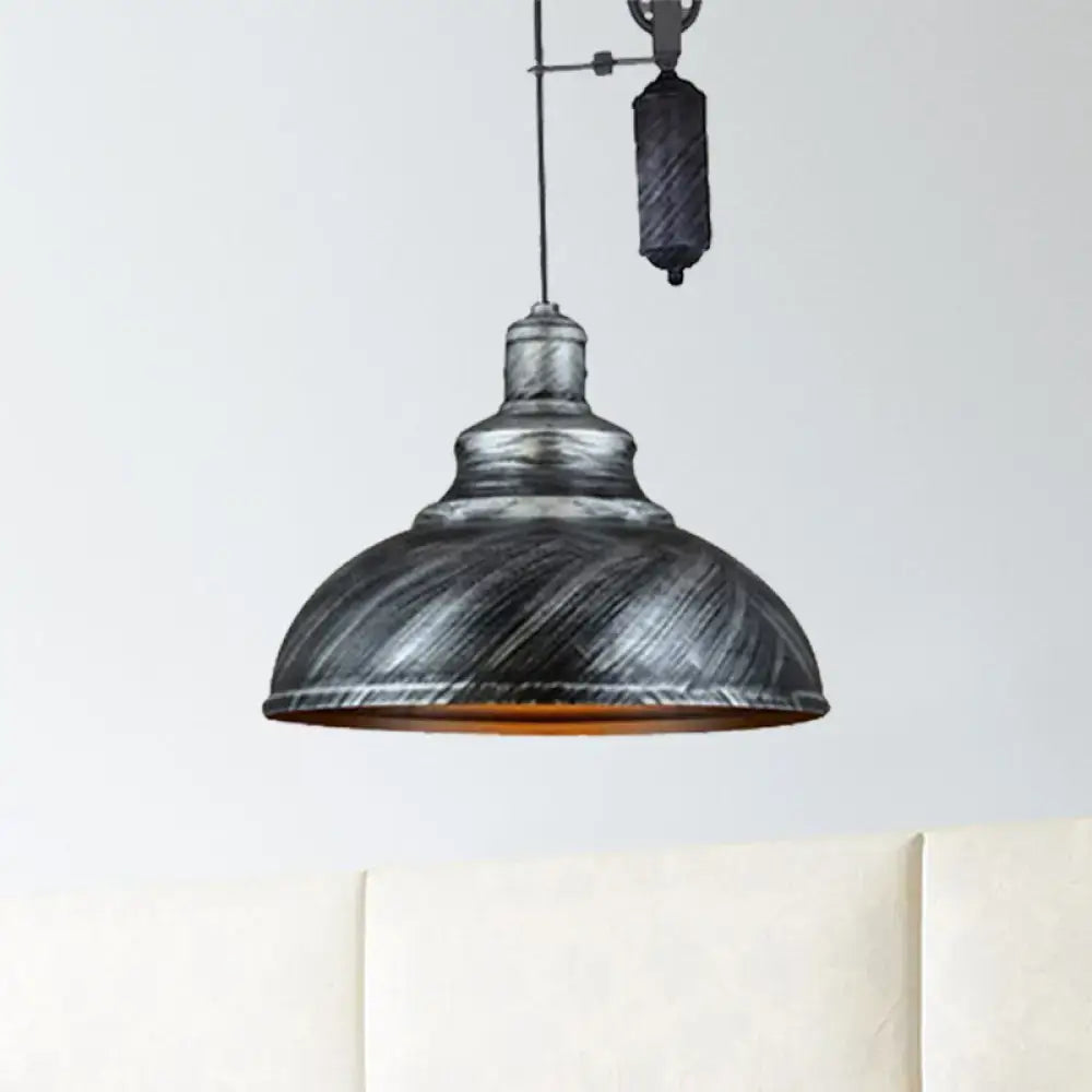 DecorBites™ Rustic Industrial Dome Pendant Lamp with Pulley - 1 Light Metal Fixture in Brown/Grey for Living Room Lighting