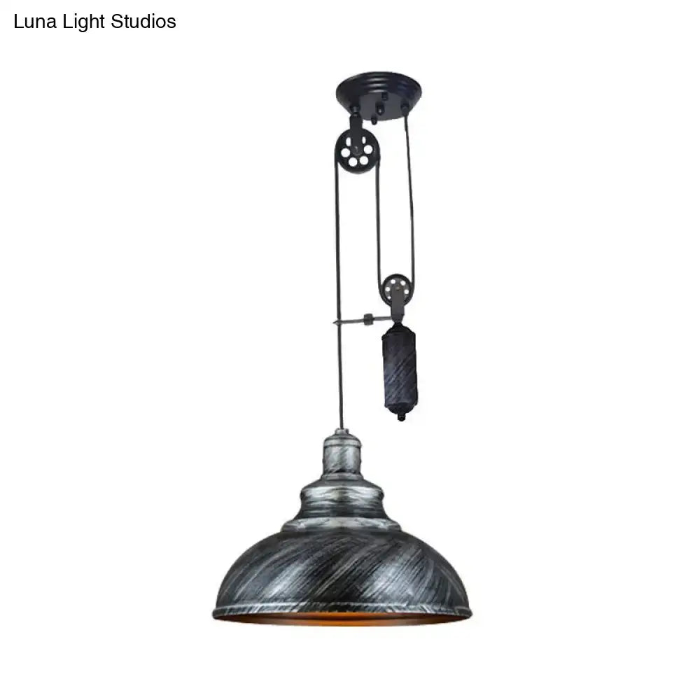 DecorBites™ Rustic Industrial Dome Pendant Lamp with Pulley - 1 Light Metal Fixture in Brown/Grey for Living Room Lighting