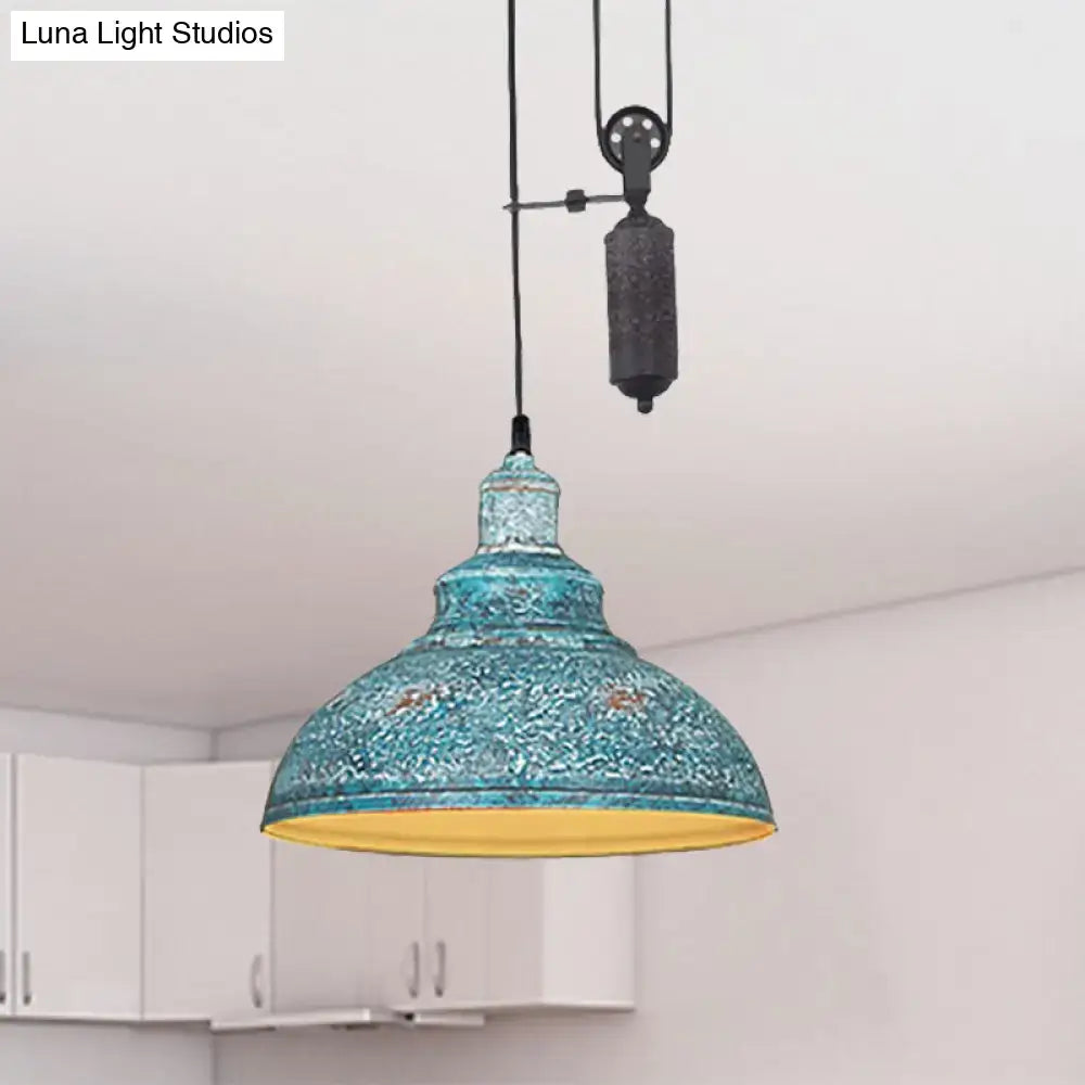 DecorBites™ Rustic Industrial Dome Pendant Lamp with Pulley - 1 Light Metal Fixture in Brown/Grey for Living Room Lighting