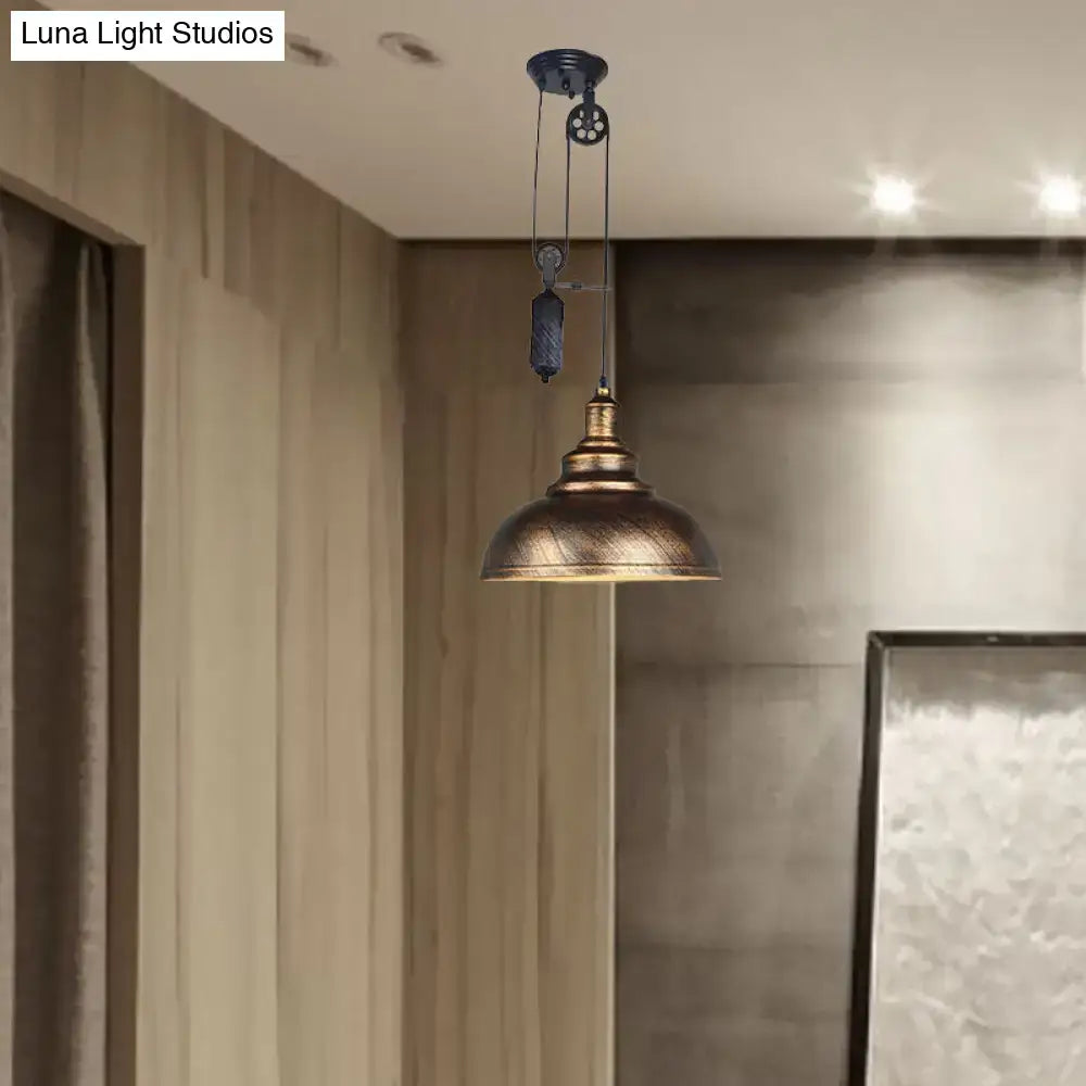 DecorBites™ Rustic Industrial Dome Pendant Lamp with Pulley - 1 Light Metal Fixture in Brown/Grey for Living Room Lighting