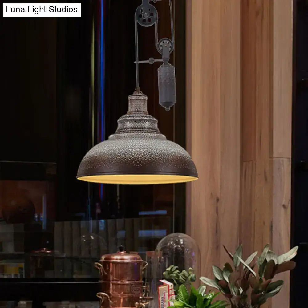 DecorBites™ Rustic Industrial Dome Pendant Lamp with Pulley - 1 Light Metal Fixture in Brown/Grey for Living Room Lighting
