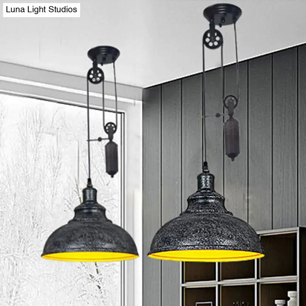 DecorBites™ Rustic Industrial Dome Pendant Lamp with Pulley - 1 Light Metal Fixture in Brown/Grey for Living Room Lighting