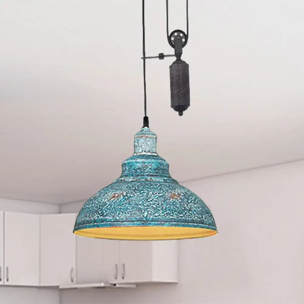 DecorBites™ Rustic Industrial Dome Pendant Lamp with Pulley - 1 Light Metal Fixture in Brown/Grey for Living Room Lighting
