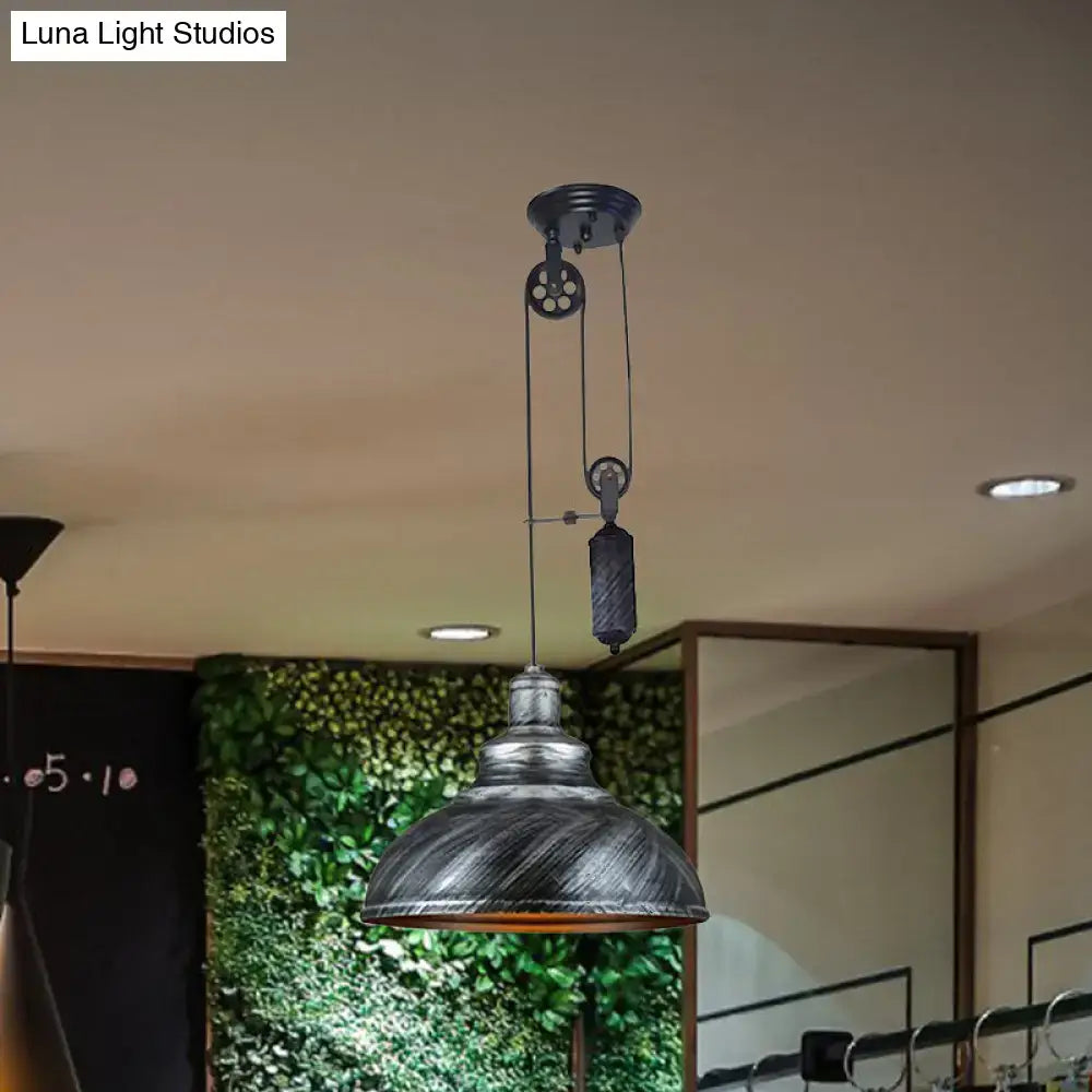 DecorBites™ Rustic Industrial Dome Pendant Lamp with Pulley - 1 Light Metal Fixture in Brown/Grey for Living Room Lighting