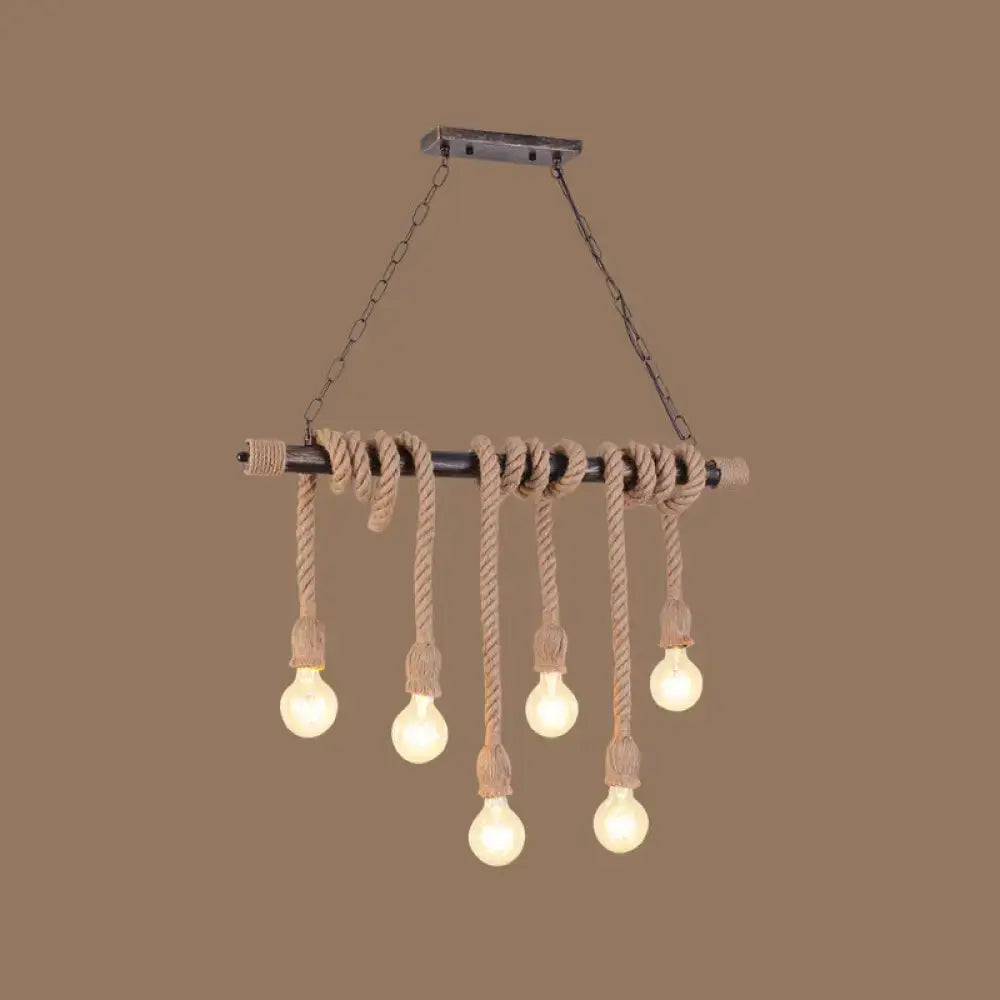 Rustic industrial wood hemp rope exposed bulb pendant light dining room