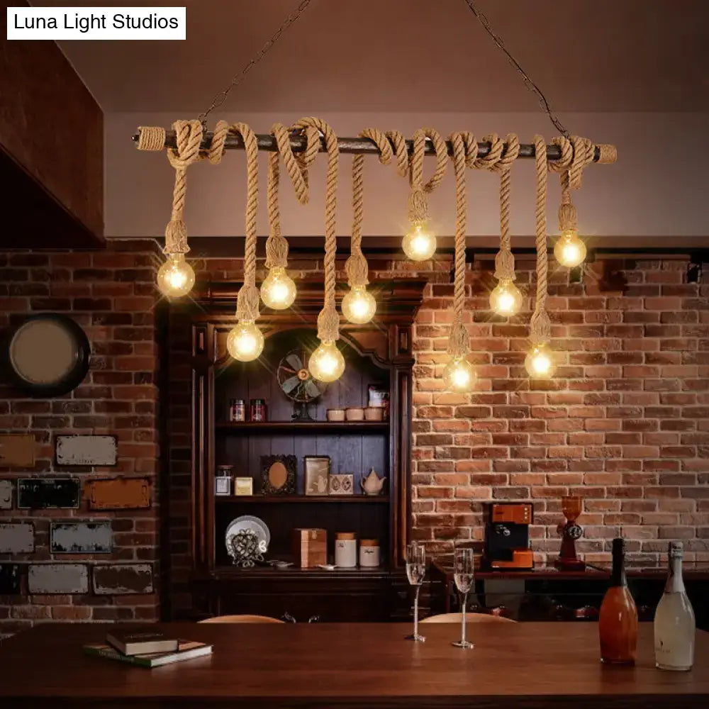Rustic industrial wood hemp rope exposed bulb pendant light dining room