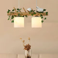 DecorBites™ Ivory Glass Wood Island Pendant - Industrial Style with Maple/Green Leaf and Bird Décor - 2/3 Bulbs