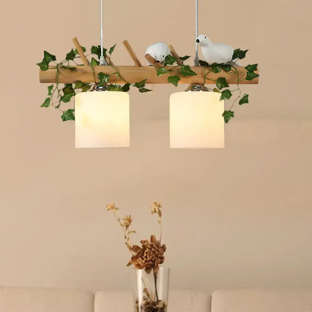 DecorBites™ Ivory Glass Wood Island Pendant - Industrial Style with Maple/Green Leaf and Bird Décor - 2/3 Bulbs