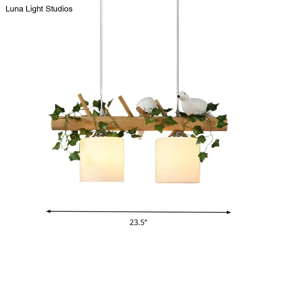 DecorBites™ Ivory Glass Wood Island Pendant - Industrial Style with Maple/Green Leaf and Bird Décor - 2/3 Bulbs