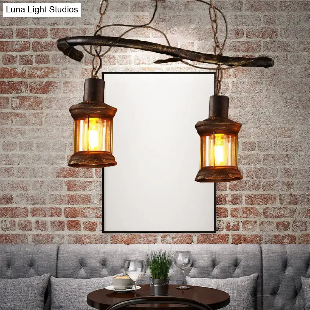 DecorBites™ Rustic Kerosene Island Lamp: 2 Lights, Clear Glass, Antique Brass Finish - Perfect for Coffee Shop Lighting