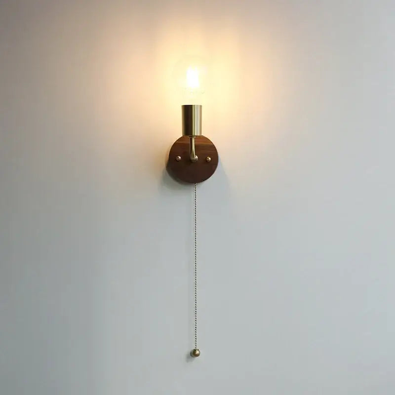 Rustic led walnut wood wall sconce – bedroom pull chain light