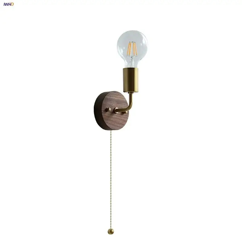 Rustic led walnut wood wall sconce – bedroom pull chain light