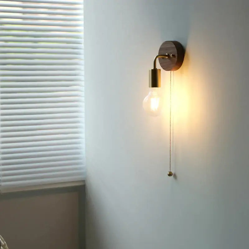 Rustic led walnut wood wall sconce – bedroom pull chain light