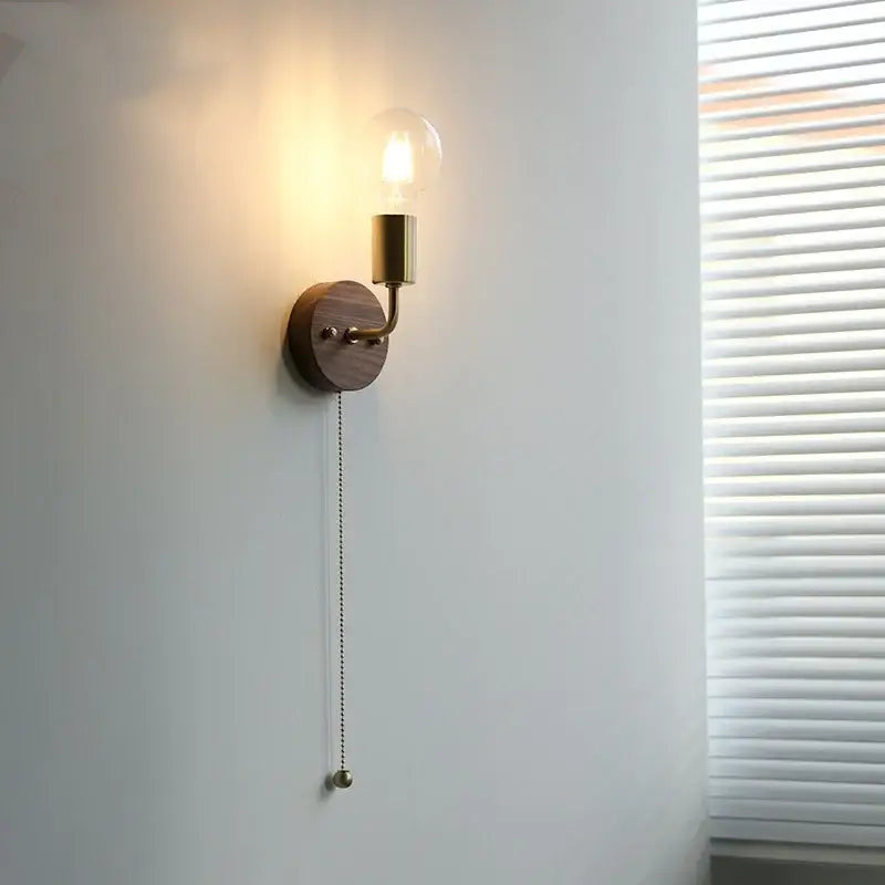 Rustic led walnut wood wall sconce – bedroom pull chain light