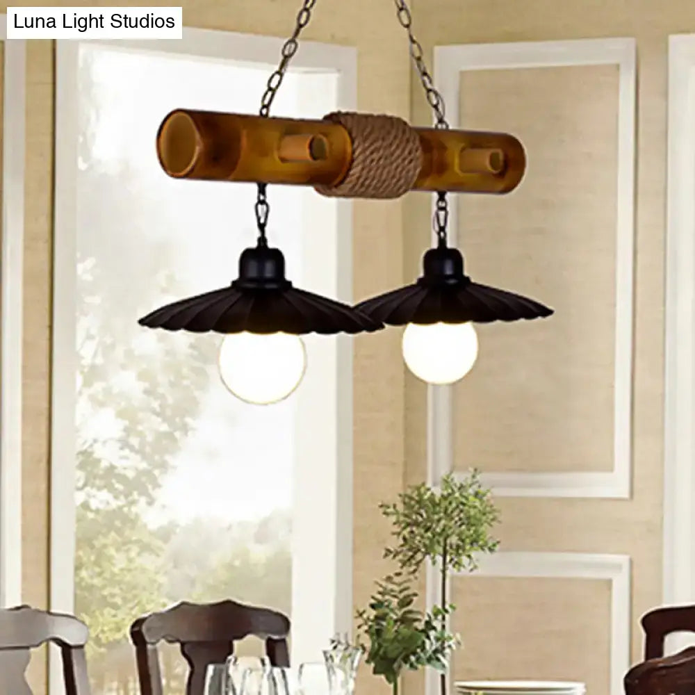 Rustic scalloped hanging lamp black & bamboo dining room light