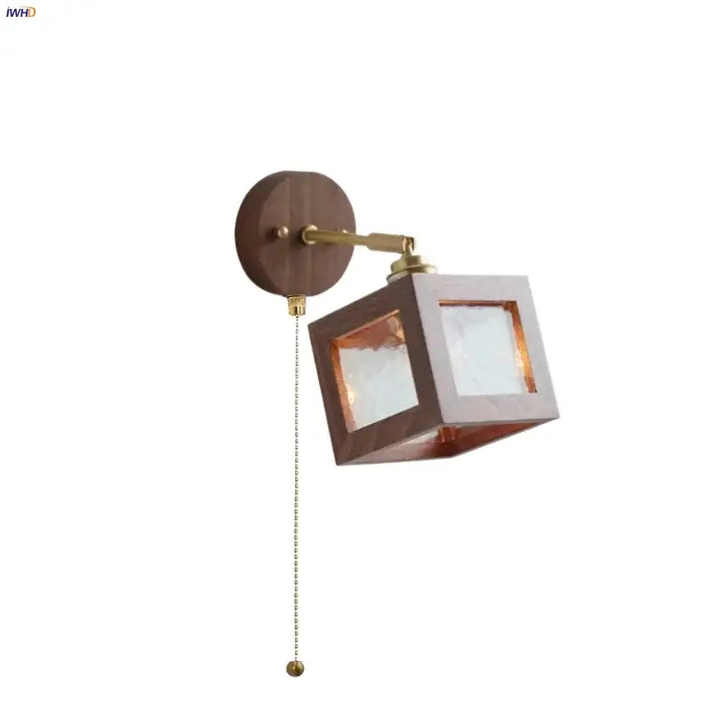 Rustic walnut and brass glass wall light fixture bedroom sconce