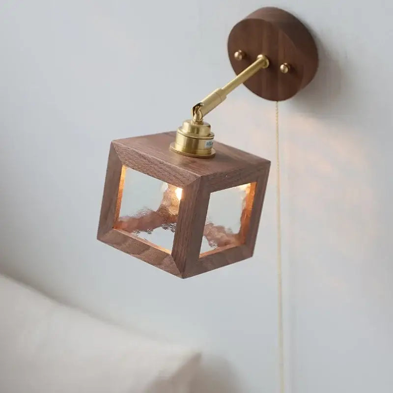 Rustic walnut and brass glass wall light fixture bedroom sconce