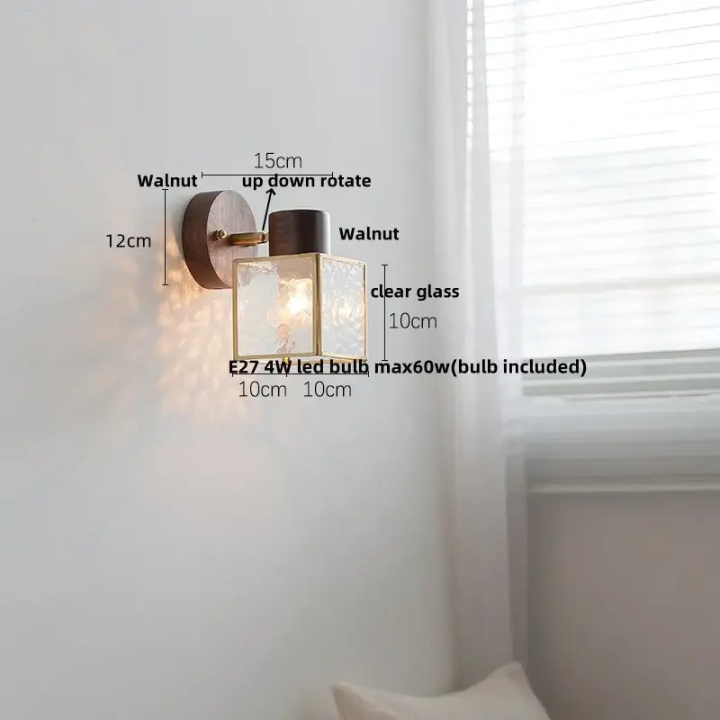Rustic walnut and brass led wall lamp bedroom textured glass shade