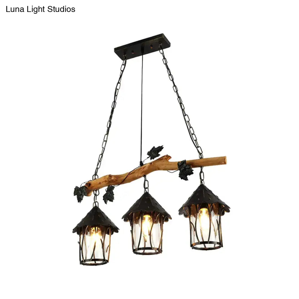 DecorBites™ Industrial Clear Glass 3-Bulb Black Lantern Kitchen Island Light Fixture, 27" Wide