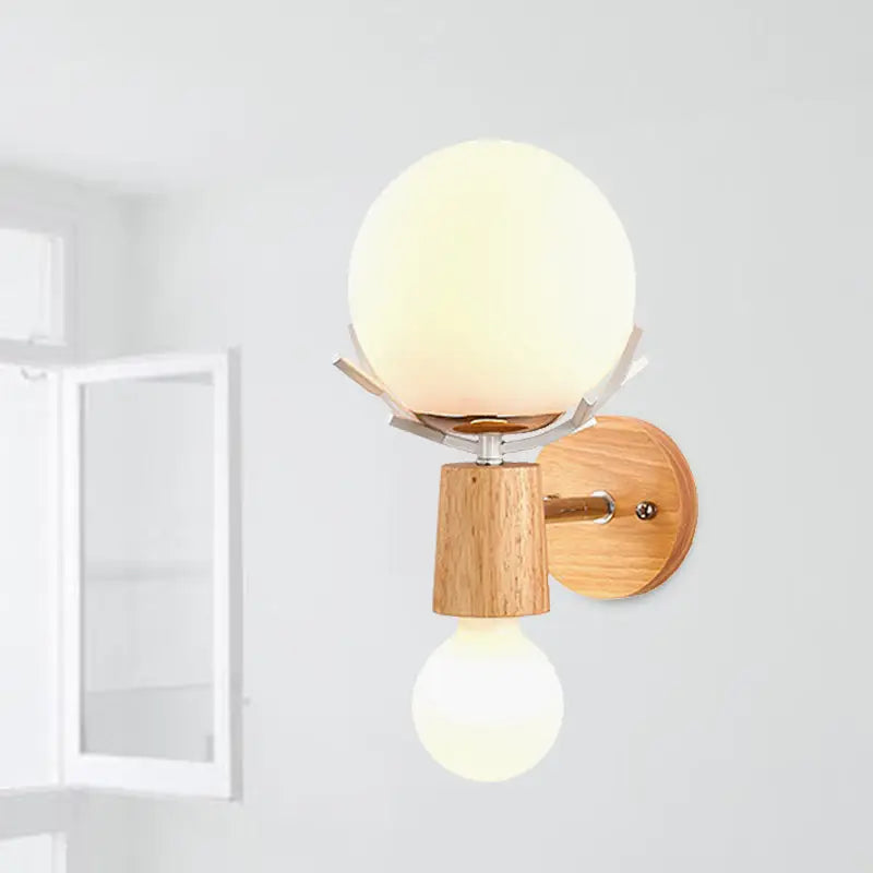 Rustic wood and white globe sconce wall lamp for stairways