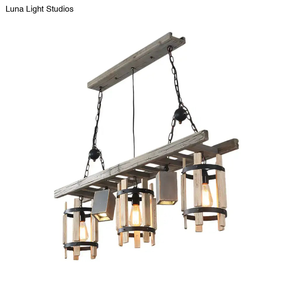 Rustic wood cylinder frame ceiling light dining room grey & brown