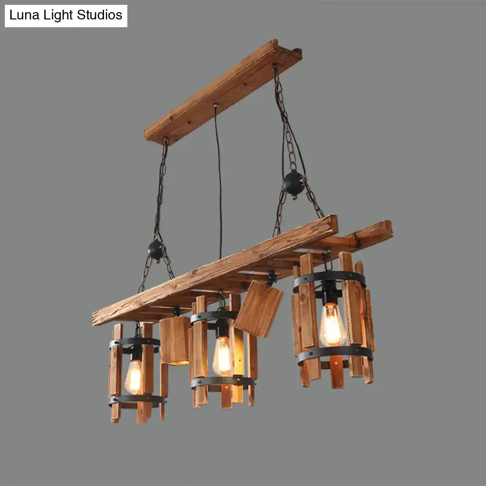 Rustic wood cylinder frame ceiling light dining room grey & brown
