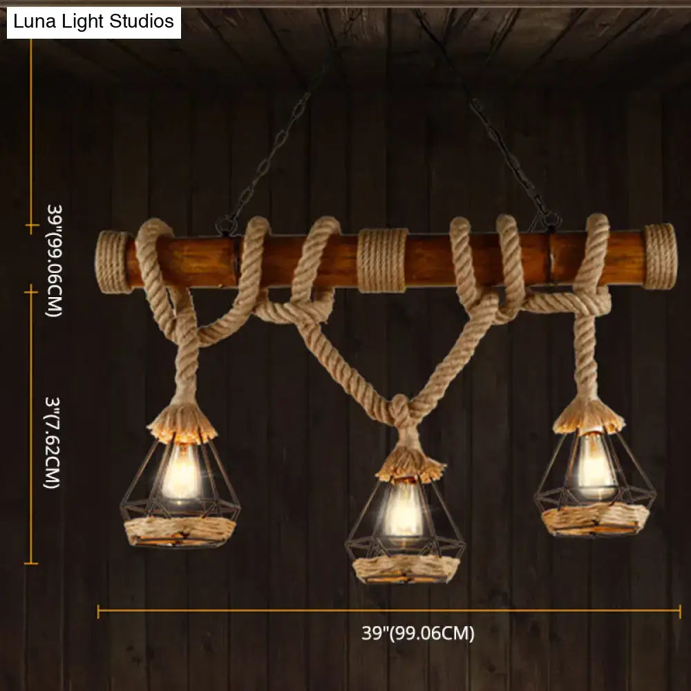 Rustic wooden beam and beige rope 3 light island pendant kitchen light