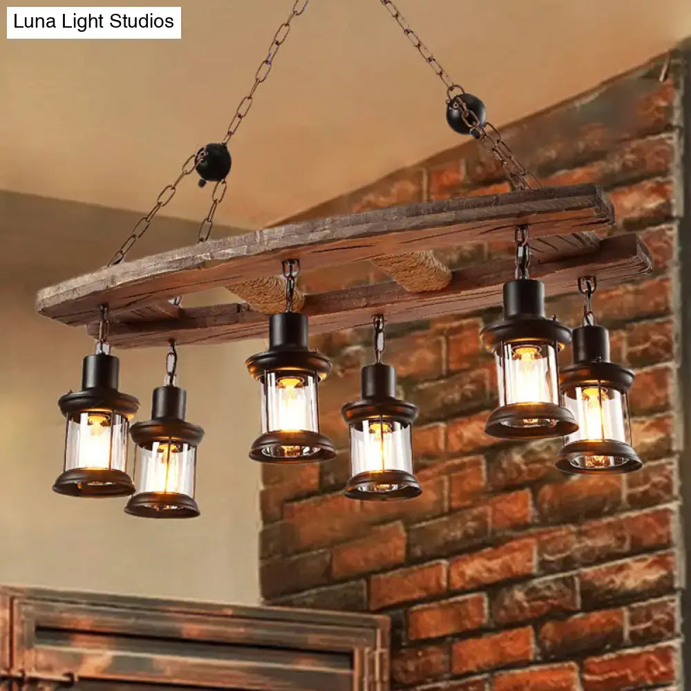 Rustic wooden board 6-light chandelier clear glass black dining room
