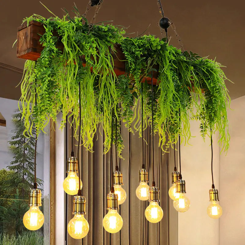 Rustic wooden fern deco edison bulb chandelier dining room light