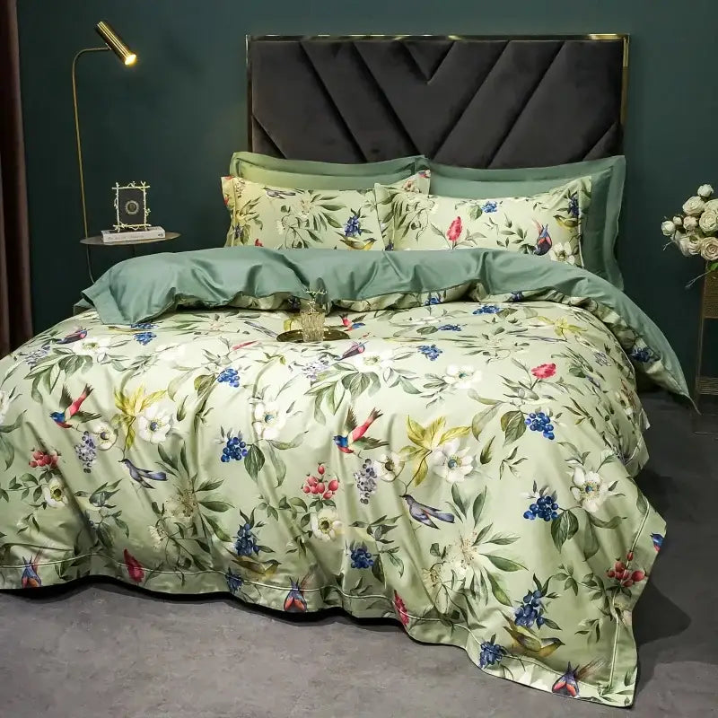 Sage green & cream bird floral 1400tc egyptian cotton bedding set bedroom