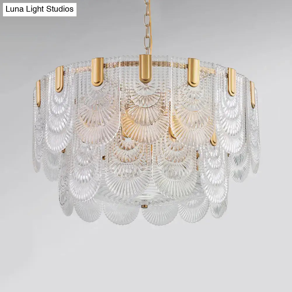 DecorBites™ Scalloped Clear Textured Glass Drop Lamp Classic Dining Room Chandelier Light Fixture in Brass