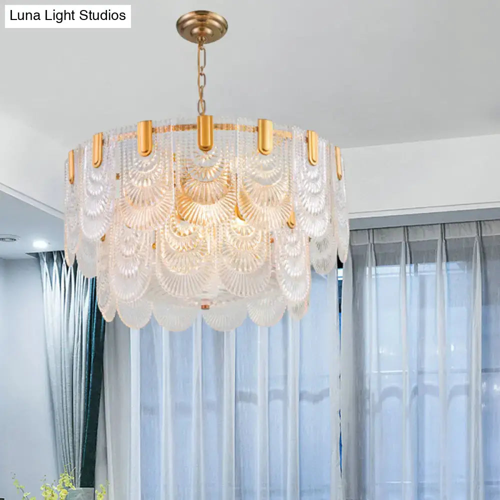 DecorBites™ Scalloped Clear Textured Glass Drop Lamp Classic Dining Room Chandelier Light Fixture in Brass