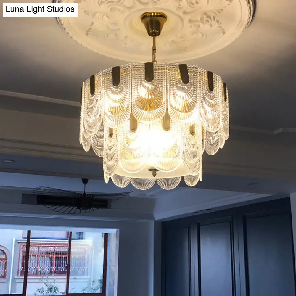 DecorBites™ Scalloped Clear Textured Glass Drop Lamp Classic Dining Room Chandelier Light Fixture in Brass