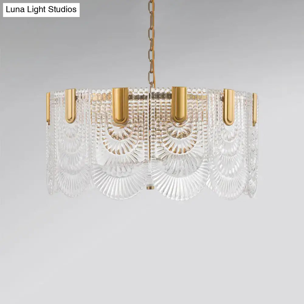 DecorBites™ Scalloped Clear Textured Glass Drop Lamp Classic Dining Room Chandelier Light Fixture in Brass