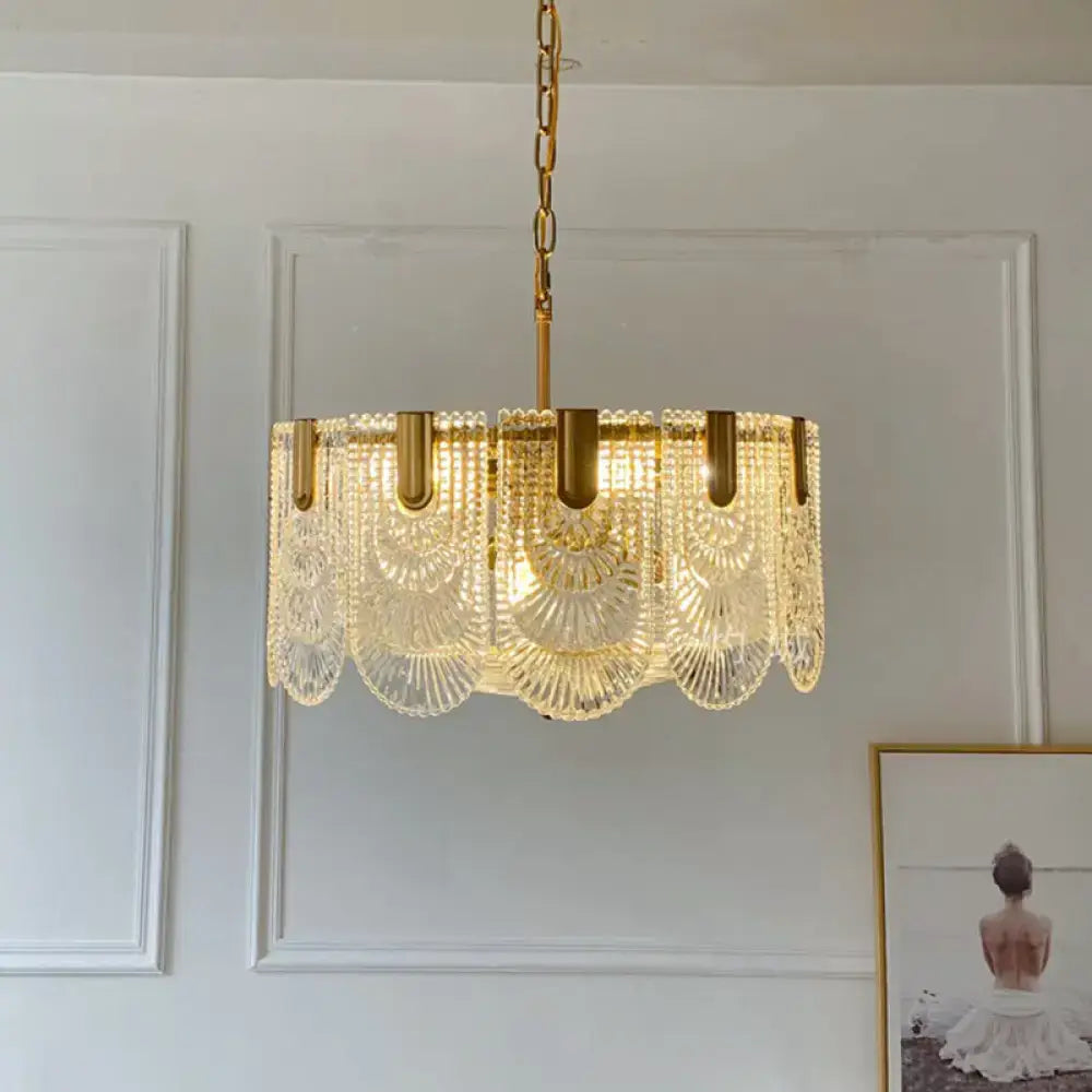DecorBites™ Scalloped Clear Textured Glass Drop Lamp Classic Dining Room Chandelier Light Fixture in Brass