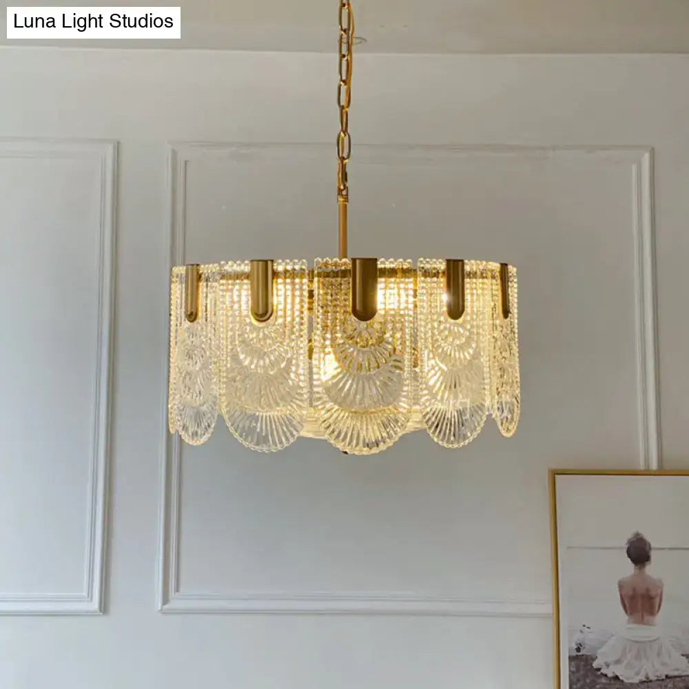 DecorBites™ Scalloped Clear Textured Glass Drop Lamp Classic Dining Room Chandelier Light Fixture in Brass