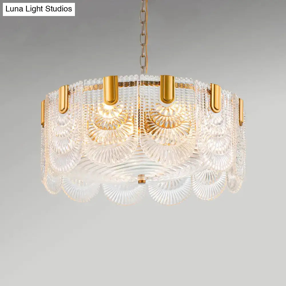 DecorBites™ Scalloped Clear Textured Glass Drop Lamp Classic Dining Room Chandelier Light Fixture in Brass