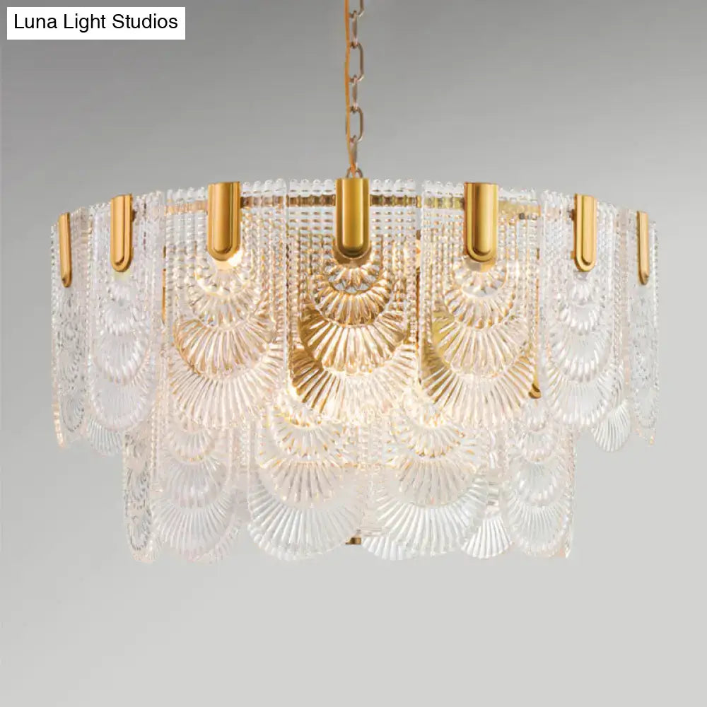 DecorBites™ Scalloped Clear Textured Glass Drop Lamp Classic Dining Room Chandelier Light Fixture in Brass