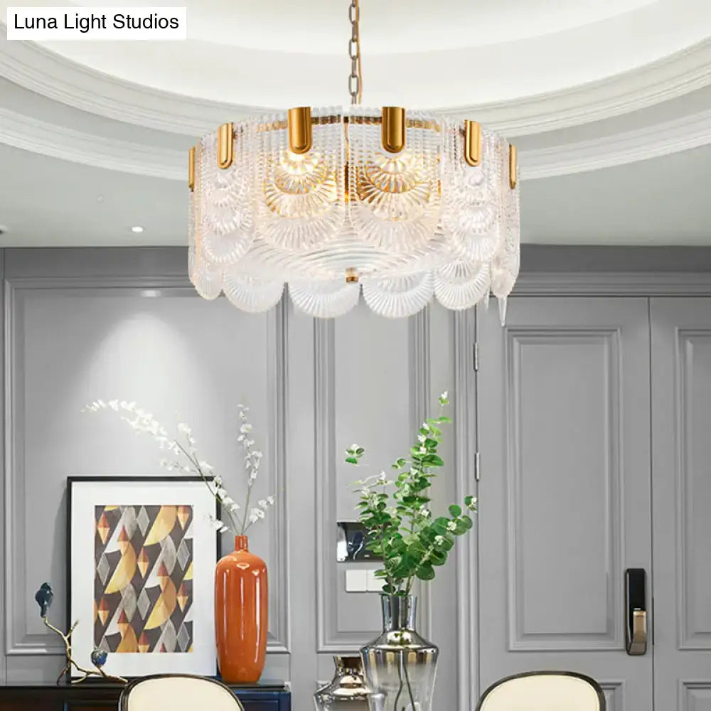 DecorBites™ Scalloped Clear Textured Glass Drop Lamp Classic Dining Room Chandelier Light Fixture in Brass