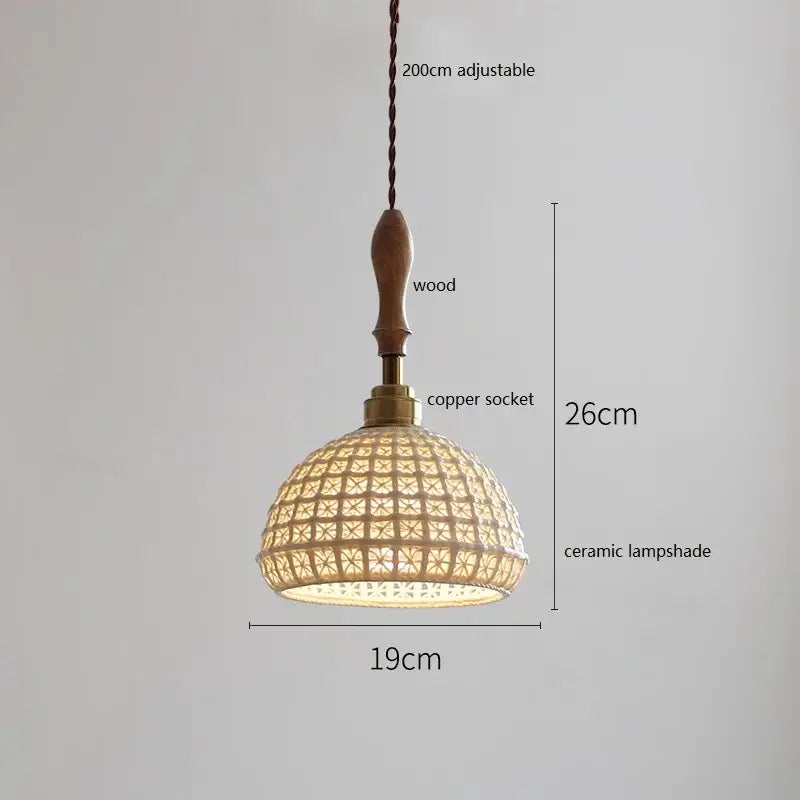 Scalloped white ceramic led pendant light bedroom wood and copper
