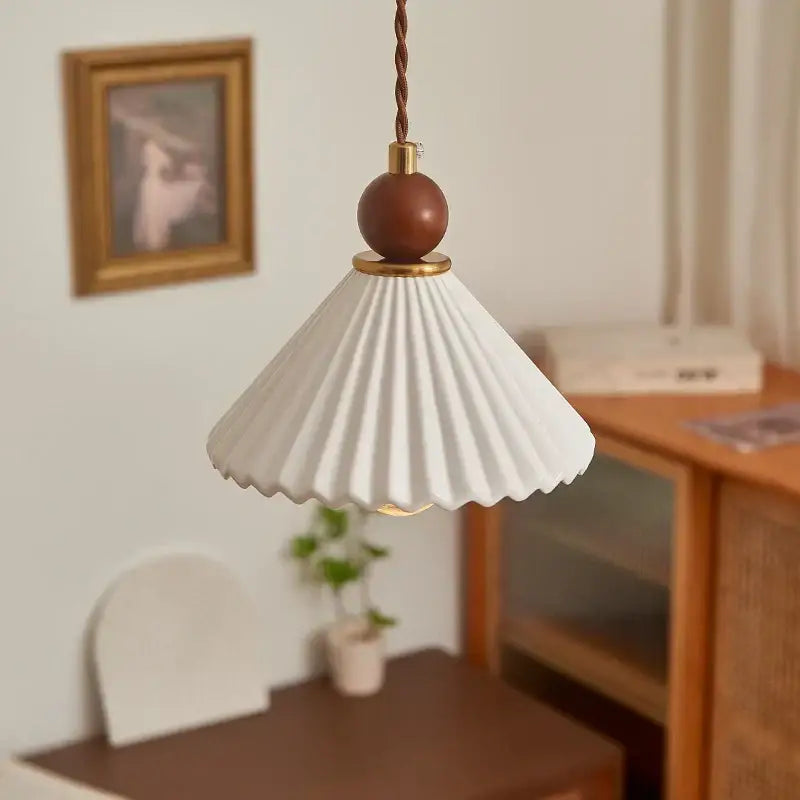 Scalloped white ceramic wood pendant lamp dining room hanging light