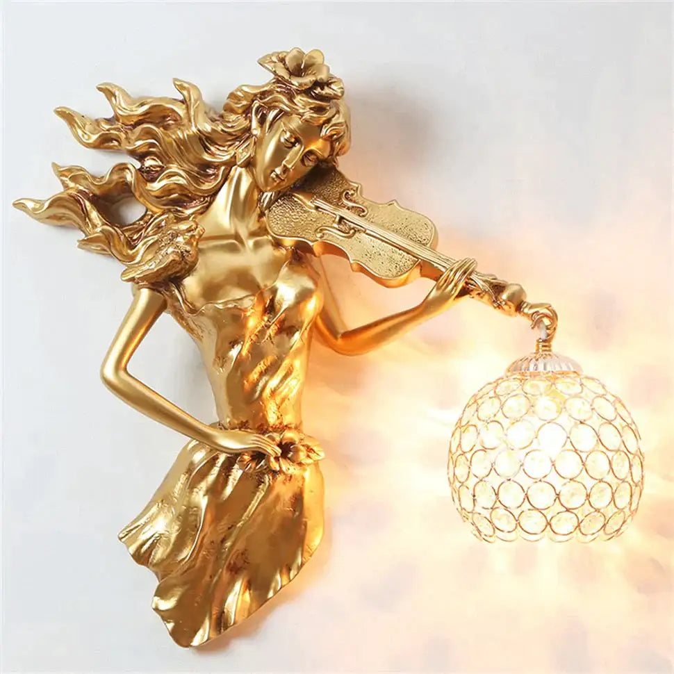 Sculptural gold violinist crystal wall lamp living room sconce