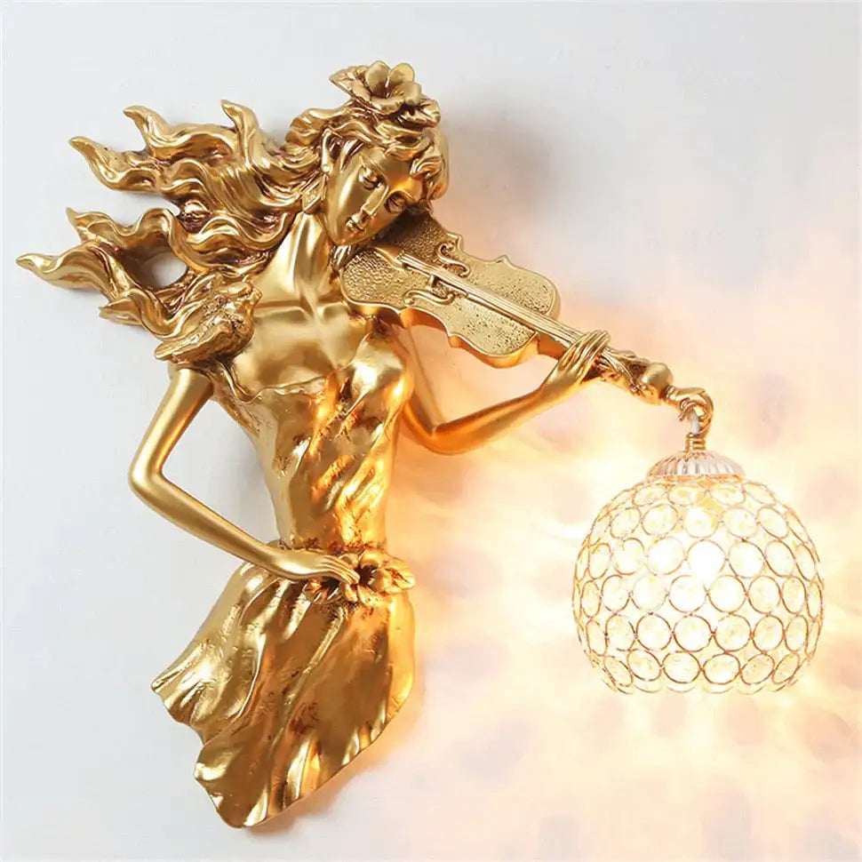 Sculptural gold violinist crystal wall lamp living room sconce
