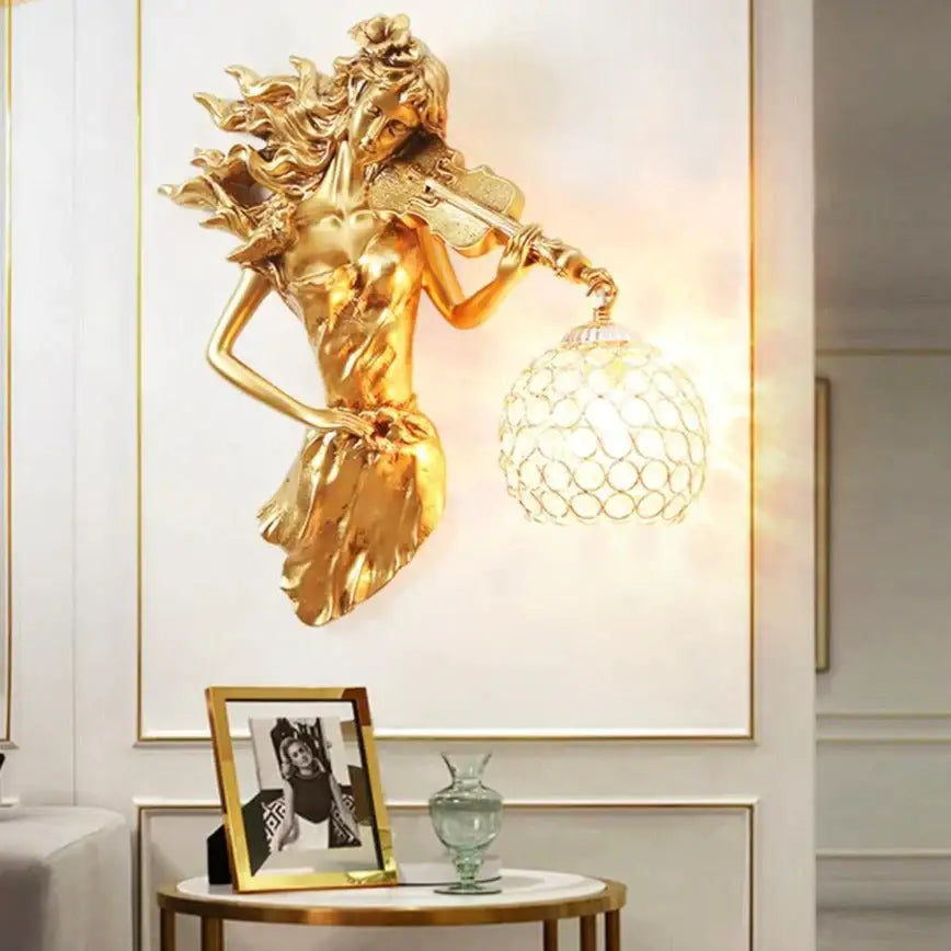 Sculptural gold violinist crystal wall lamp living room sconce