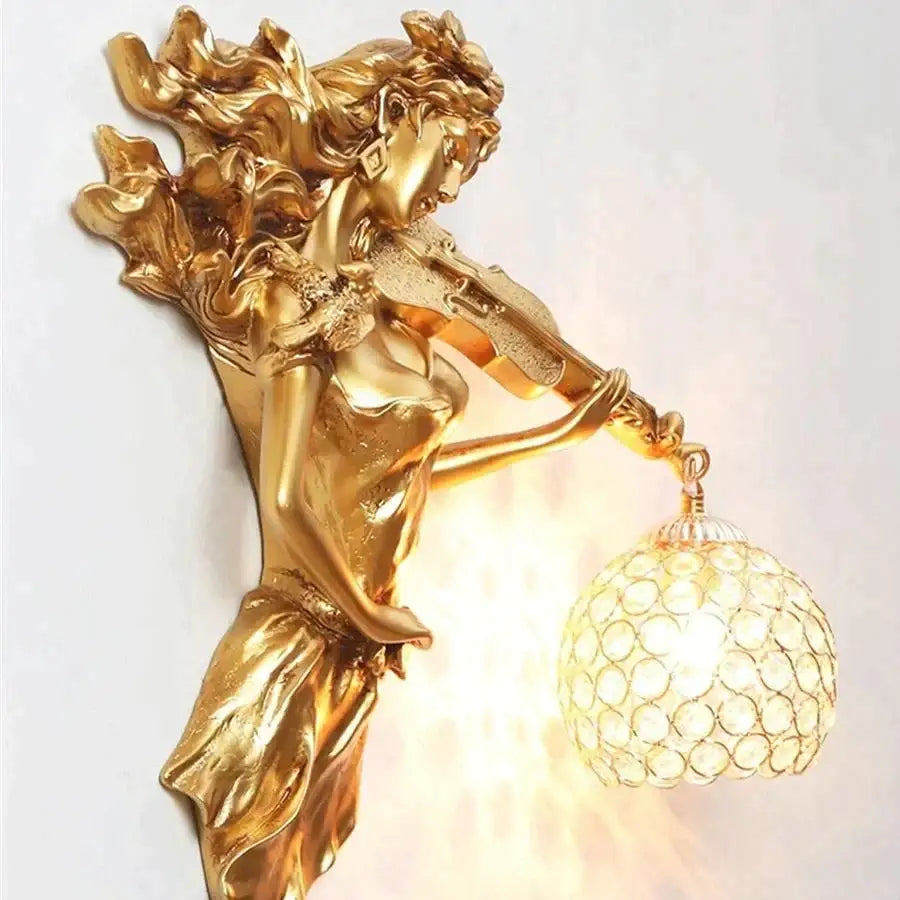 Sculptural gold violinist crystal wall lamp living room sconce
