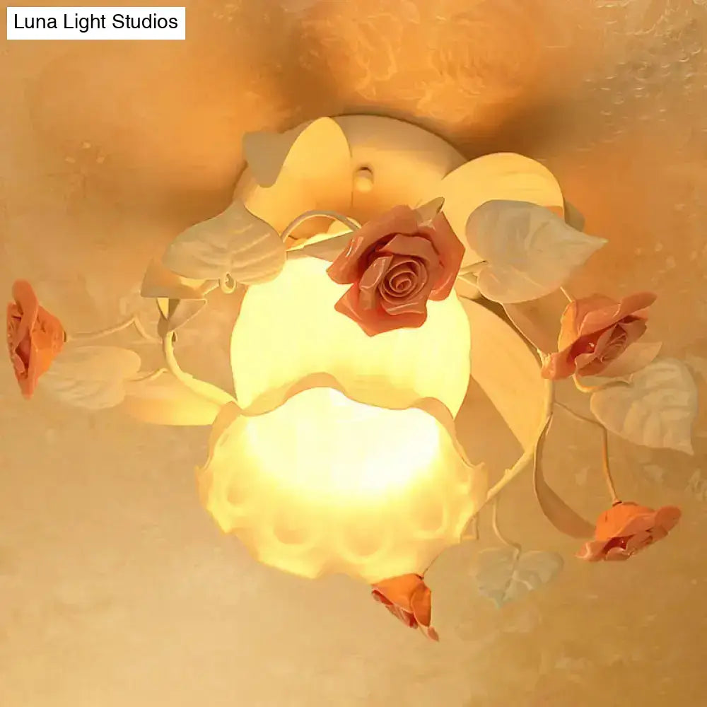 Shabby chic pink & green rose ruffle semi flush mount bedroom light