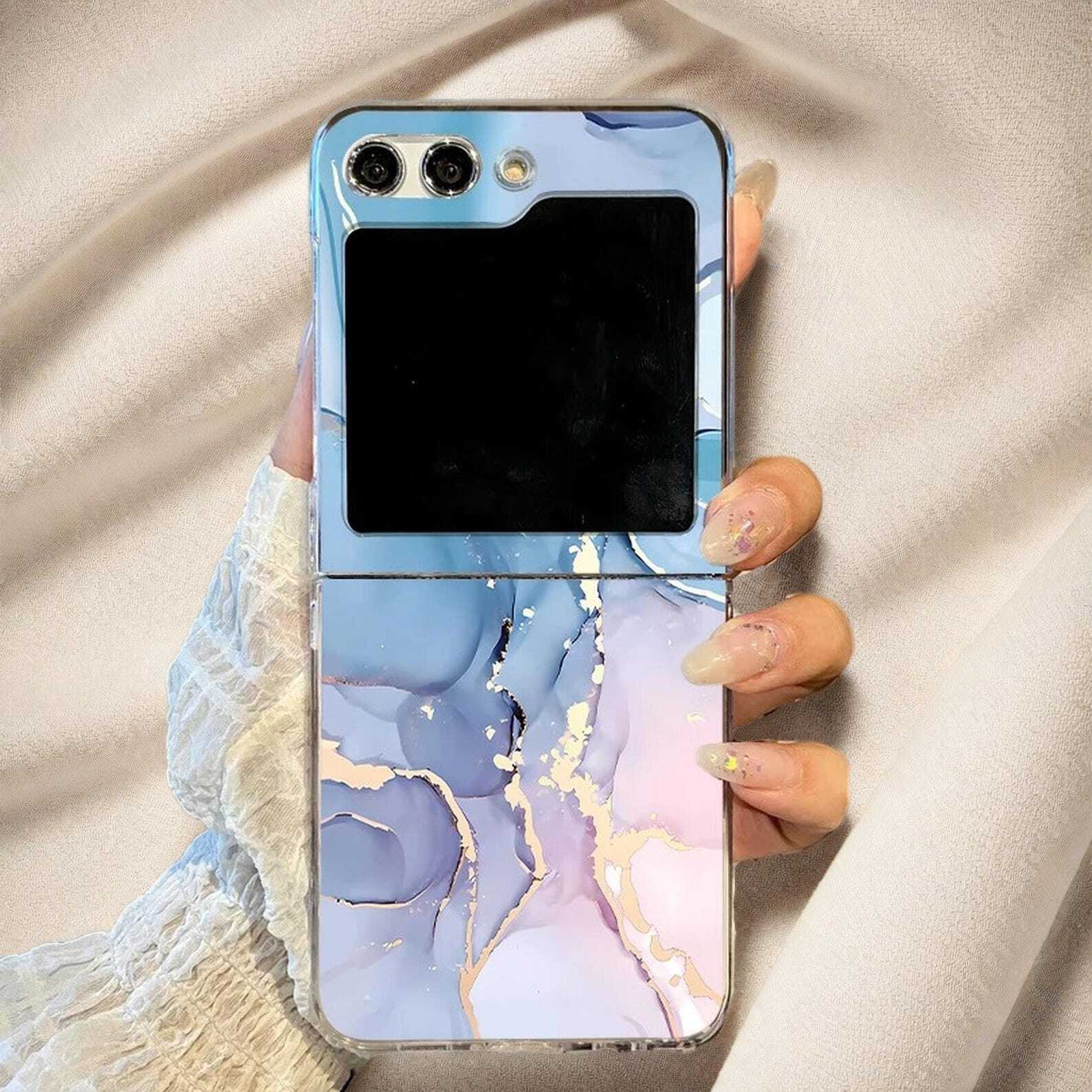Marble Pattern Clear Hard Case for Samsung Galaxy Z Flip 3 4 5 6 | Foldable Transparent Cover Compatible with Wireless Charging