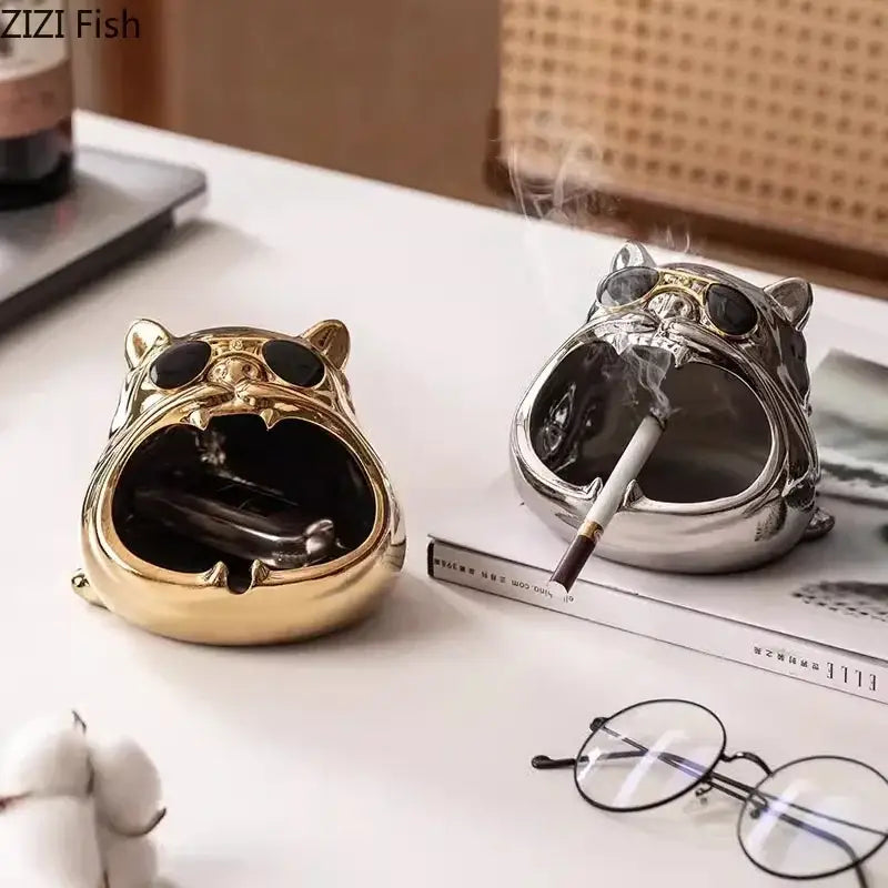 Silver bulldog ceramic ashtray – living room desktop accessory