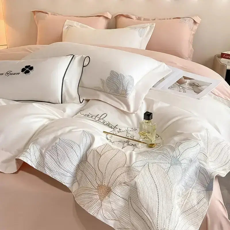 Silver floral embroidery white bedding set bedroom cotton king size